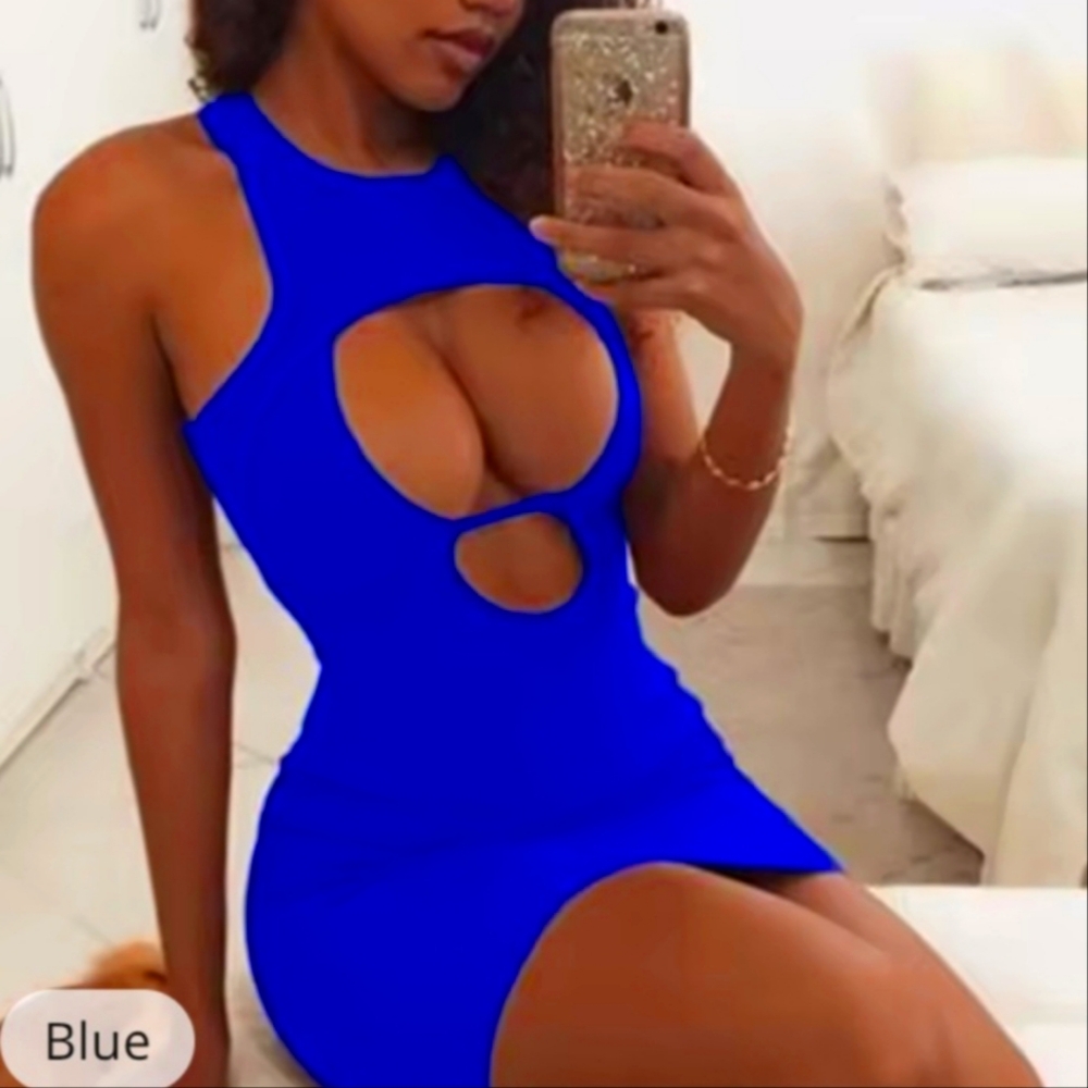 Petite Racer Neck Cut Out BodyCon Mini Dress in cobalt blue NEW NWT SZ Small